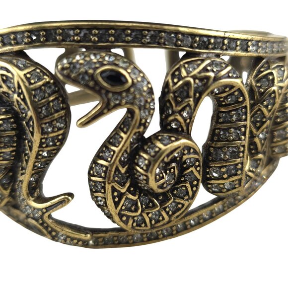 Heidi Daus Double Dragon Snake Clamper Gold-Tone Rhinestones Hinged Bracelet - Picture 3 of 12